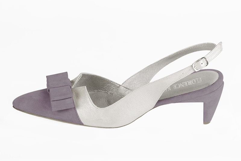 Lilac purple and pure white women's open back shoes, with a knot. Tapered toe. Medium comma heels. Profile view - Florence KOOIJMAN